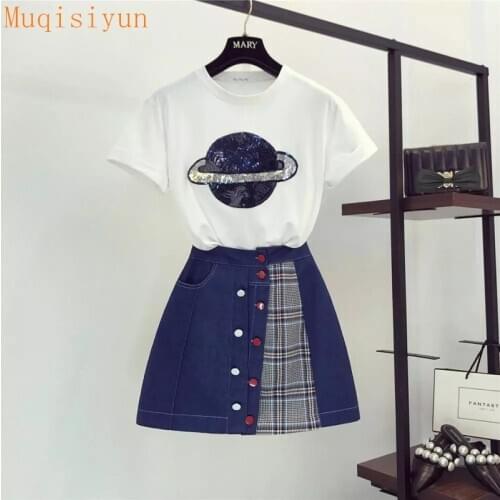 In stock 2021 Summer Women Short Sleeves Sequin T-shirt + Denim Patchwork Plaid Skirts Twinset Girls Female Suits