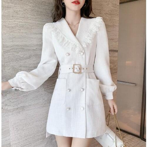 Lapel Double Row Button Long Sleeve Suit Dress White Office Lady Sashes Notched Ladies Dresses Vestidos Elegantes Bodycon