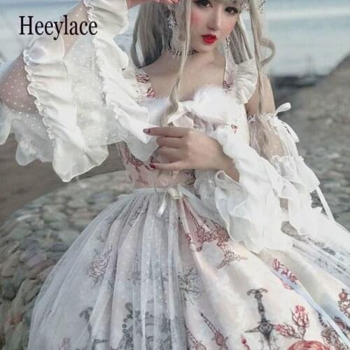 Japanese Gothic Jsk Lolita Dress Women Vintage Victorian Sleeveless Bow Princess Tea Party Dresses Girls Chic Print Lolita Dress