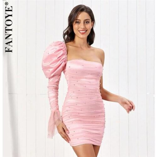 Fantoye One Shoulder Mesh Puff Sleeve Women Dress Pink Long Sleeve Backless Dresses Ladies Summer Skinny Party Clubwear Vestidos
