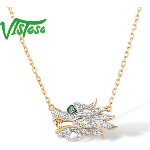 VISTOSO Gold Necklace For Women Genuine 14K 585 Yellow Gold Sparkling Green Garnet Diamond Dragon Necklace Trendy Fine Jewelry