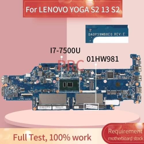 01HW981 01YT026 For LENOVO YOGA S2 13 S2 I7-7500U Notebook Mainboard DA0PS9MB8E0 SR2ZV DDR3 Laptop Motherboard