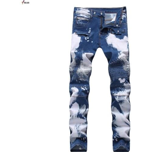 2018 Brand Designer Fashion Jeans Men Straight Blue Color Printed Mens Jeans Motocycle Denim Trousers Ripped Jeans,100% Cotton