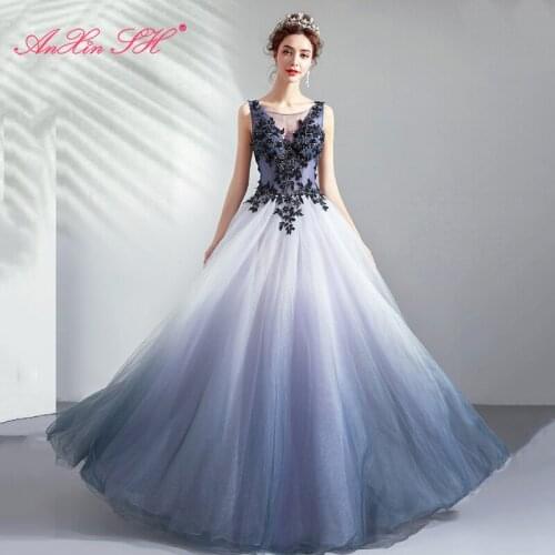AXJFU princess blue lace flower evening dress luxury o neck illusion beading crystal sleeveless navy blue evening dress 2281