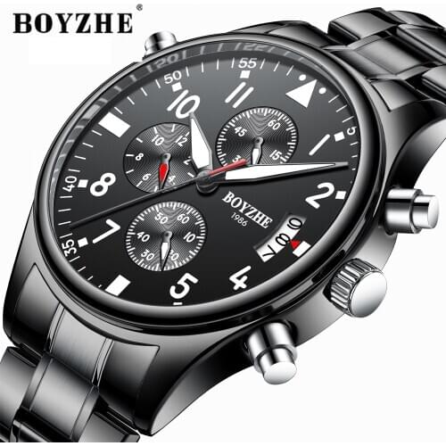 BOYZHE Men Quartz Watches Fashion Multi-function Light Stainless Steel Luxury Brand Sports Military WristWatch Relogio Masculino