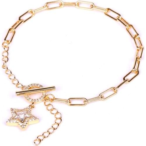 EYIKA Luxury Zircon Square Star Pendant Link Chain Bracelet Simple IO Buckle Gold Color Bangle Women Statement Jewelry for Gift