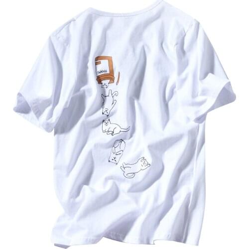 2021 Funny Cat T-Shirt Summer Short Sleeve Tops Tees Cotton Print Tshirts Men Hip Hop T Shirt Streetwear Japanese Kanji Harajuku