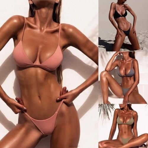Summer Sexy Women Push Up Bikini Set Solid Adjustable Spaghetti Straps Low-cut Beach Swimsuits Swimwear Biquini Bathing Suit 21