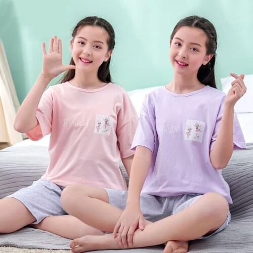 Summer Teens Pajamas Short Sleeve Cotton Pyjamas Kids Clothes Sets Cartoon Big Boy Sleepwear Cute Pajamas For Girls 10 12 14 16Y