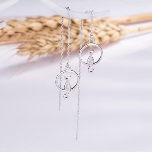 Lovely female Small moon Cat Earrings for Women Silver color Round Circle ear line long Tassel Women Earrings wholesale