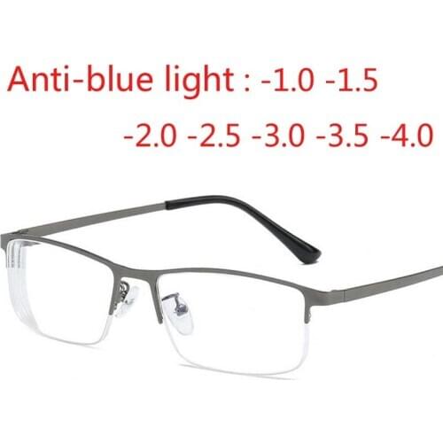 Men Alloy Myopia Glasses Square Half frame Anti-Blue-Light Non Spherical Layer Coated Lenses Eyeglasses -1.0 -1.5 -2.0 -3.0 -4.0