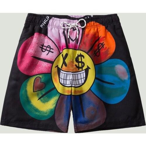 2021 New Casual Beach Pants Chrysanthemum Smile Face Printed Shorts Mens Spring&summer Casual Loose Swimming Shorts Beachwear