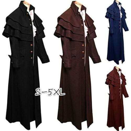 Mens Medieval Frock Victorian Long Coat Trench Cape Cloak Costume