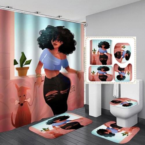 4Pcs Bathroom Accessories Set 3D Digital Print Waterproof Shower Curtain Toilet Lid Cover Non-Slip U-Shaped Rectangle Floor Mat