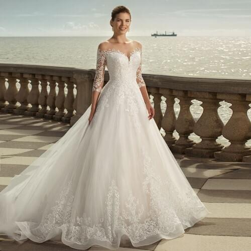 Charming Tulle Applique Beach A-line Wedding Dress Scoop Three Quarter Sleeve Lace White Ivory Btidal Gowns