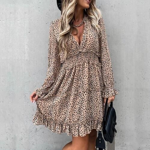 Autumn V Neck Ruffles Leopard Print Dress For Women Winter Long Sleeve Sashes A Line Dress Slim Female Casual Mini Party Vestido