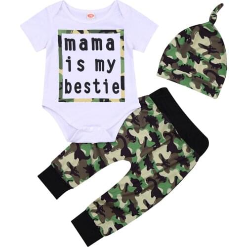 Pudcoco 0-18 Months Newborn 3Pcs Romper Set, Letter Printed Short Sleeve Triangle Bodysuit with Camouflage Long Pants and Hat