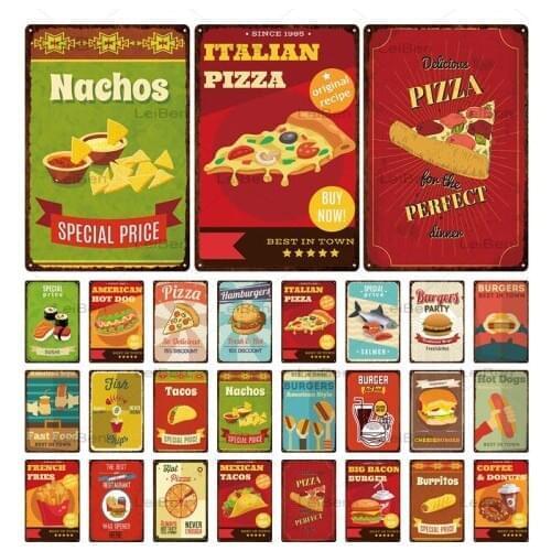 Pizza Burger Fast Food Retro Metal Tin Sign Vintage Metal Plaque Wall Art Poster Fried Chicken Shop Restaurant Decor Metal Plate