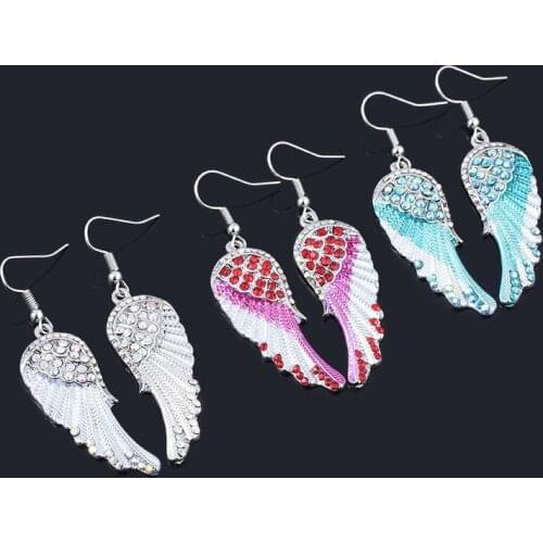 RJ New Fashion Handmade Crystal Angel Wing Earrings Pink Blue White Women Earrings Fairy Bridal Wedding Costume Eardrop Jewelry