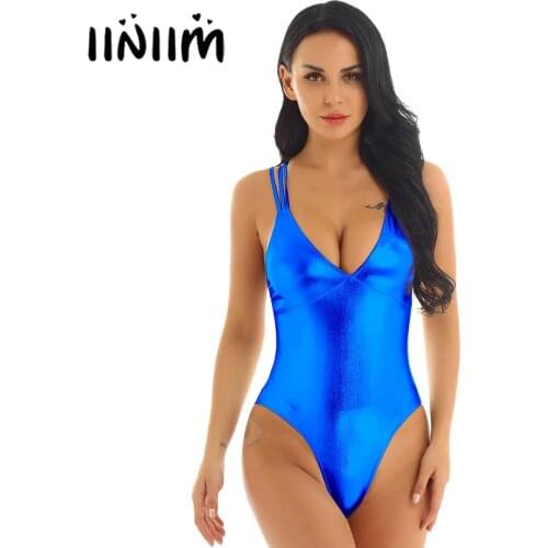 Iiniim Womens Sexy Clubwear Bodycon Pole Dancing Costumes Bodysuit Shiny Metallic High Cut Strappy Gymnastics Leotard Dancewear