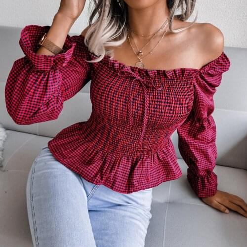 Long Sleeve Top Women Sexy Slash Neck Blouse Plaid Shirt Full Puff Sleeve Ruffle Tunic Crop Top Spring Summer Blusas Corset Tops