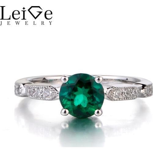 Leige Jewelry Emerald Engagement Rings for Women 925 Sterling Silver Round Cut Wedding Ring Green Gemstone Fine Jewelry