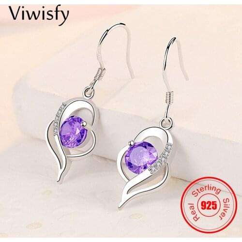 Viwisfy Pink Crystal Cute Heart Real 925 Sterling Silver Drop Earrings For Women VW21207