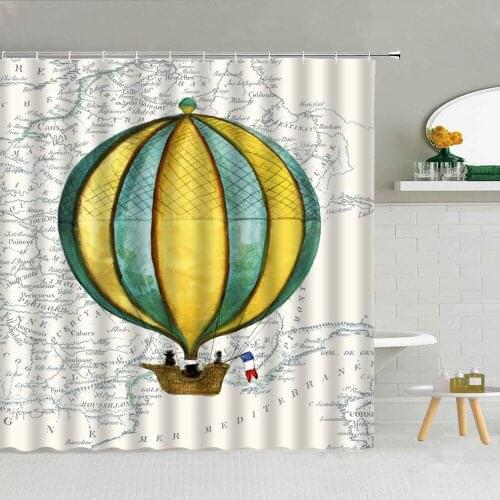 Colorful Hot Air Balloon Shower Curtain Alphabet World Map Backdrop Bathroom Decor Bath Partition Curtains Waterproof With Hooks