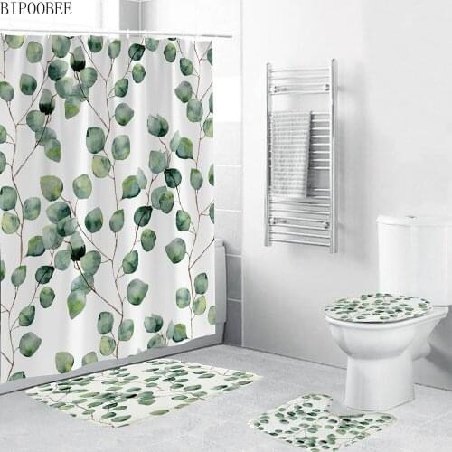 Green Leaves Bathroom Curtains Plants Leaf Fabric Shower Curtain Pedestal Rugs Flannel Toilet Cover Bath Mats Home Decor