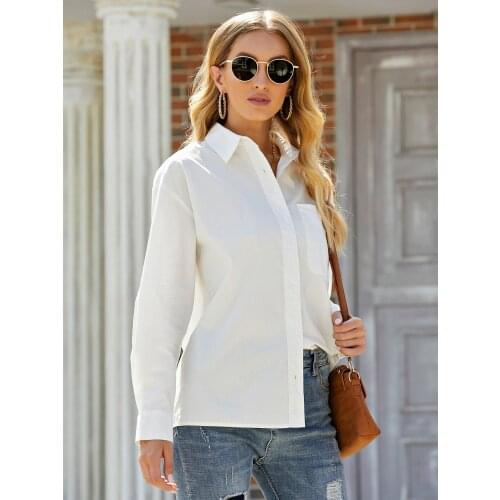 2021 Spring New Women Shirt Blouses Office Lady Button Versatile Solid Blouse Women Zip-up Stand Neck Long Sleeve Tops for Women