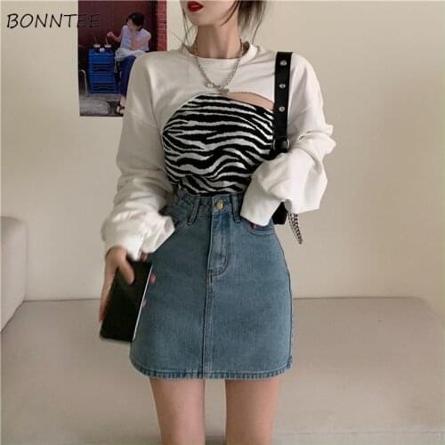 Sets Women Long Sleeve Loose Tees Sexy Crop O-neck Zebra Pattern Top Streetwear Vintage Harajuku Two-piece Daily Asymmetrical