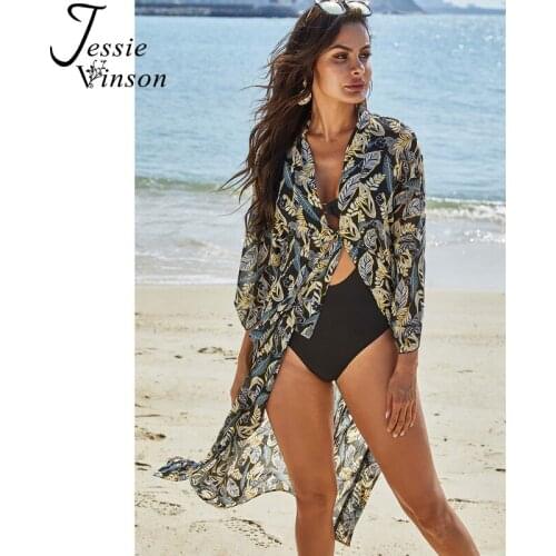 Jessie Vinson Front Tie up Bathing Suit Cover-ups Women Long Sleeve Bohemian Printing Chiffon Kimono Cardigan Beach Long Kimono
