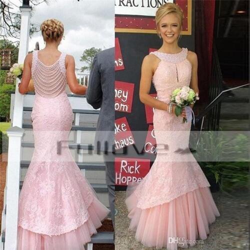 Lavish Pearls Beaded Lace Pink Mermaid Evening Dress Long 2019 Robe De Soiree Formal Dress Appliques Party Dresses Abendkleider