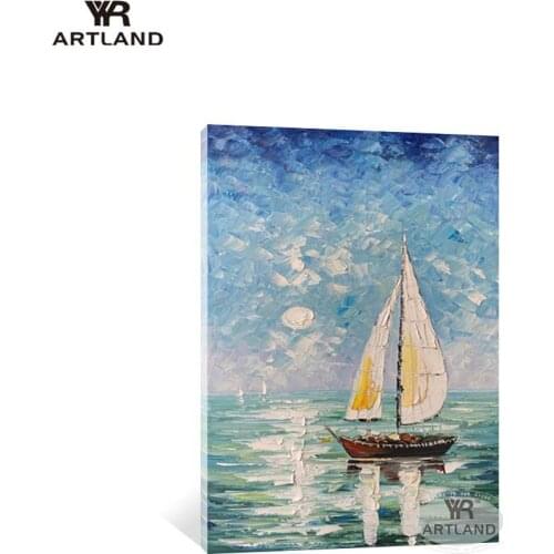 100% Handmade acrylic abstract oil painting on canvas sailboat on the sea landscape hanging picture for hotel decor entrance