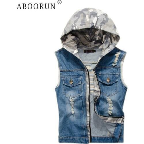ABOORUN Mens Camou Hooded Denim Vest Ripped Slim fit Sleeveless Jeans Jackets Casual Waistcoat for Male YC1238