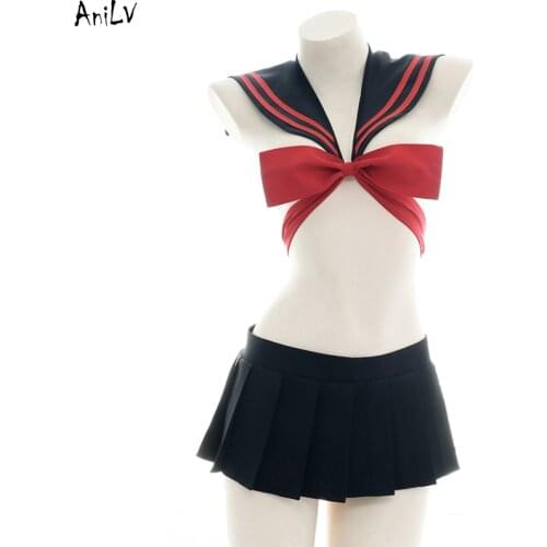 AniLV Japanese School Student Girl Sailor Uniform Swimsuit Costume Summer Pool Party Bow Bandage Swimwear Cosplay
