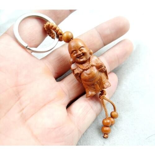 Mahogany Three-dimensional Engraving Key Chain Lifelike Smiley Buddha Pendant Key Ring ewelry making For diy Car Accessories