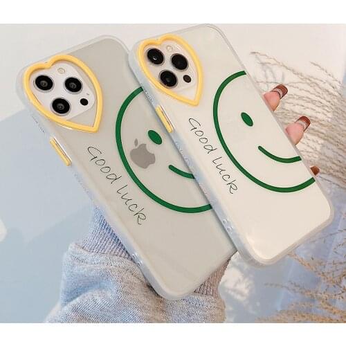 Side Pattern Smile Face Phone Case For iPhone 11 12 Pro Max XR XS Max 7 8 Plus Soft TPU Clear Love Heart Hole Shockproof Cover
