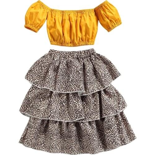 Baby Off Shoulder Short Sleeve + Cake Skirt, Leopard Print Elastic Waist Multi-layer Ruffle Decoration Summer Clothing 2-7T