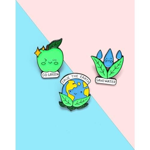 Save the Earth Enamel Pins Protect Environment Brooches Bag Clothes Lapel Pin Go Green Badge Jewelry Gift for Kids Friends