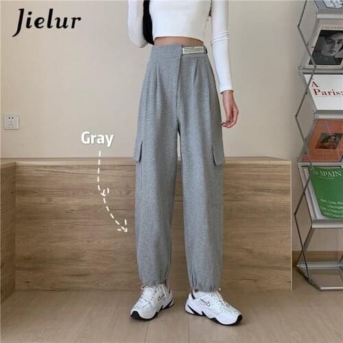 Jielur New Elastic Waist Pocket Pants Female Sportswear High Waist Trousers Young Chic Applique Black Grey M-XL Pants for Women