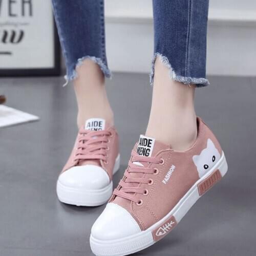 2021 Women Flat Cartoon Canvas Shoes Fashion Summer White Lace Up Student Board Shoes Ladies Casual Shoes Female Sneakers