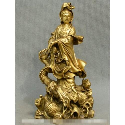 Chinese Buddhism old Bronze stand dragon lotus Guanyin Kwan-yin Buddha Statue