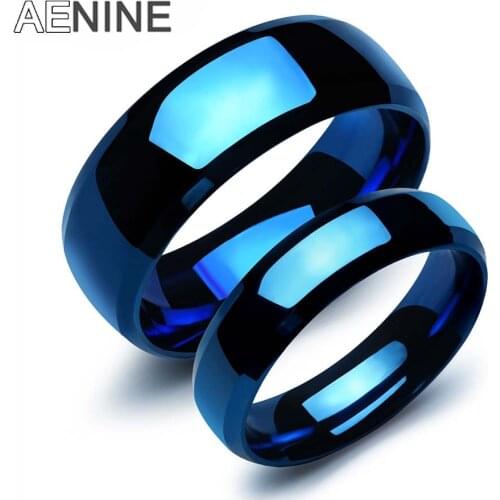 AENINE Lovers' 316L Stainless Steel Blue Color Couple Ring Jewelry For Women Men Minimalist Simple Surface Trendy Ring OGJ479L