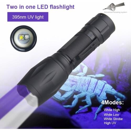 Zoomable 365nm UV Ultraviolet Blacklight+L2 White LED Bulb Flashlight 2 in 1 Scorpions Torch Money Inspect Light Purple Linterna