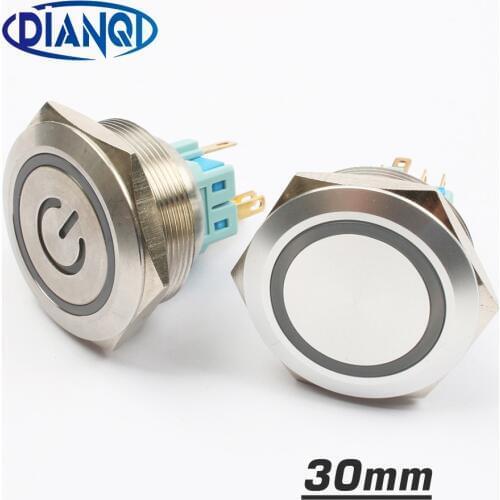 30mm Stainless steel metal push button switch flat round momentary power ring mark 6 pin car switches reset latching fixation