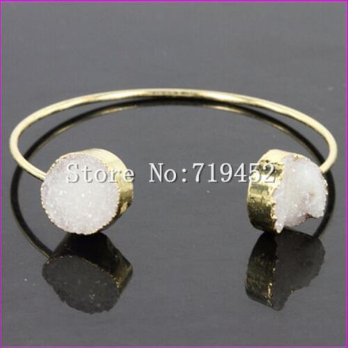 New Design! 5PCS Gold color Nature White Druzy Geode Quartz Gem Cuff Bangle Bracelet with Drusy Stone Charm Bracelet