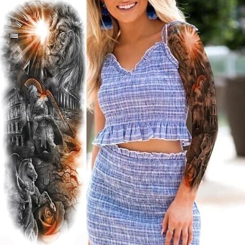 Historic Site Totem Temporary Tattoo For Men Women Body Art Full Arm Sun Tatoo Greek Warrior Realistic Fake Flash Tattoo Sticker