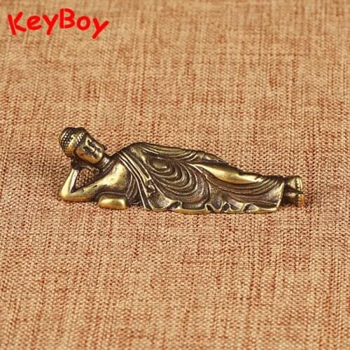 Retro Brass Lying Buddha Figurines Keychain Pendant Charms Pure Copper Key Chain Rings Hanging Jewelry Chinese Feng Shui Keyring