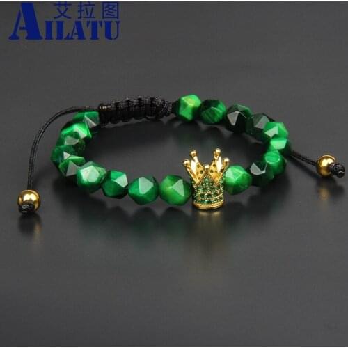 Luxury Blue CZ Crown Charm Bracelets 8mm Faceted Tiger Eye Stone Beads Men Macrame Jewelry Unisex Classic Gift